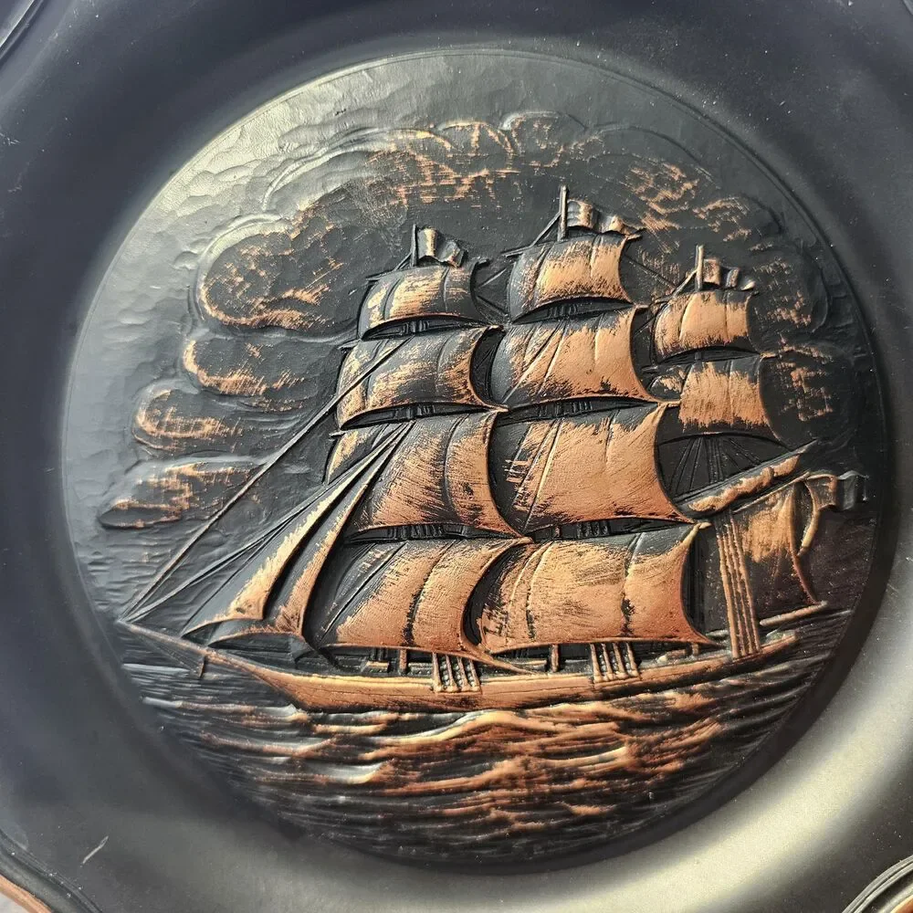 1974 Resin Ship Wall Plaque | MCM Copper Tone Sailing Boat Art